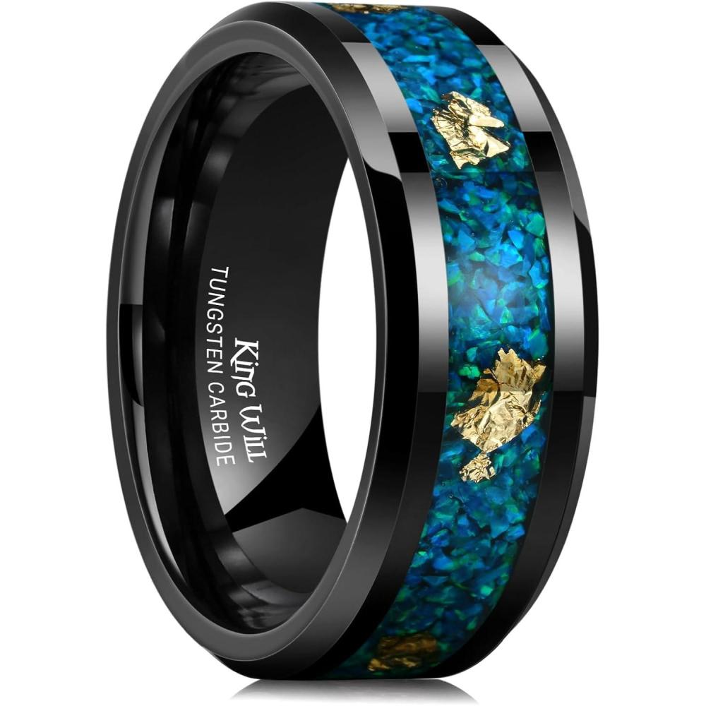 imageKing Will Mens Wedding Band with Foils Inlay BlackSilverGold Beveled Edge Glowstone Ring 6mm8mm Tungsten Carbide Rings Comfort FitBlackBluegreen OpalGold8mm