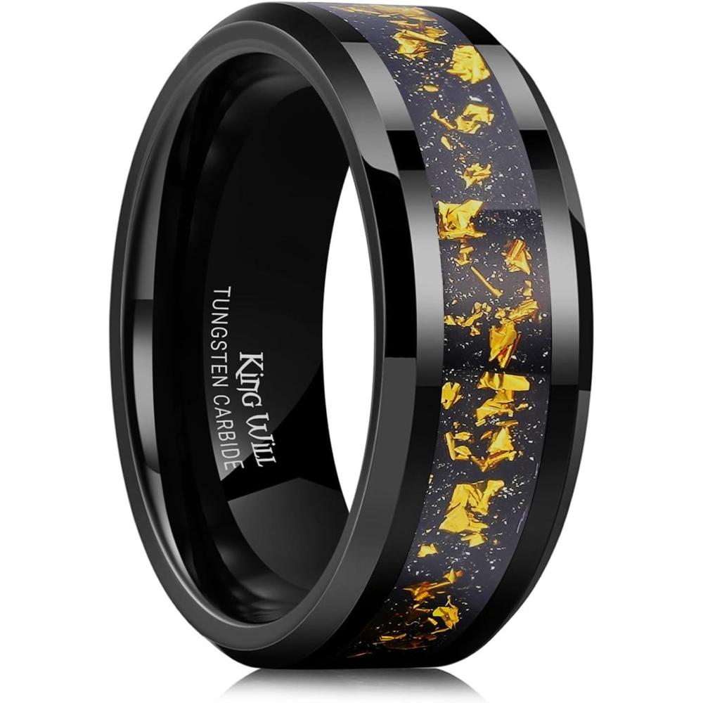 imageKing Will Mens Wedding Band with Foils Inlay BlackSilverGold Beveled Edge Glowstone Ring 6mm8mm Tungsten Carbide Rings Comfort FitBlackColorful Gold8mm