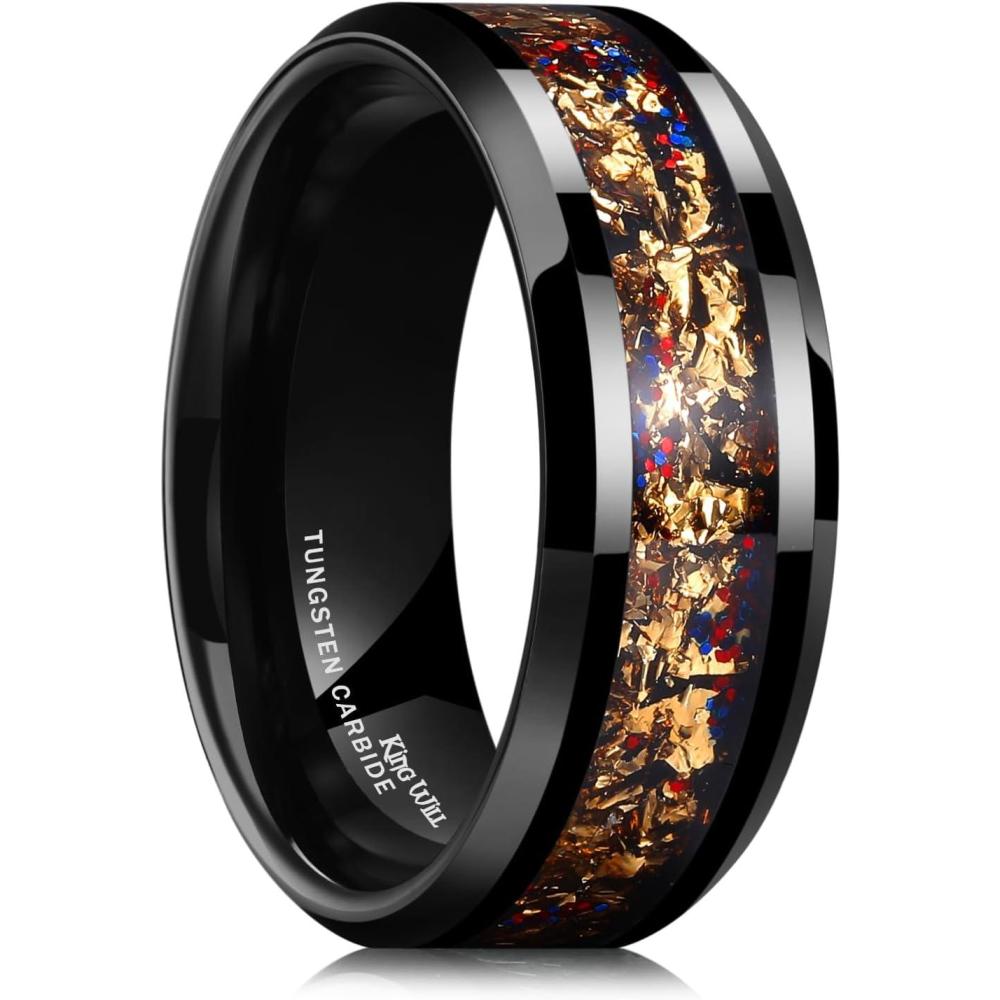 imageKing Will Mens Wedding Band with Foils Inlay BlackSilverGold Beveled Edge Glowstone Ring 6mm8mm Tungsten Carbide Rings Comfort FitBlackGoldRedBlue8mm