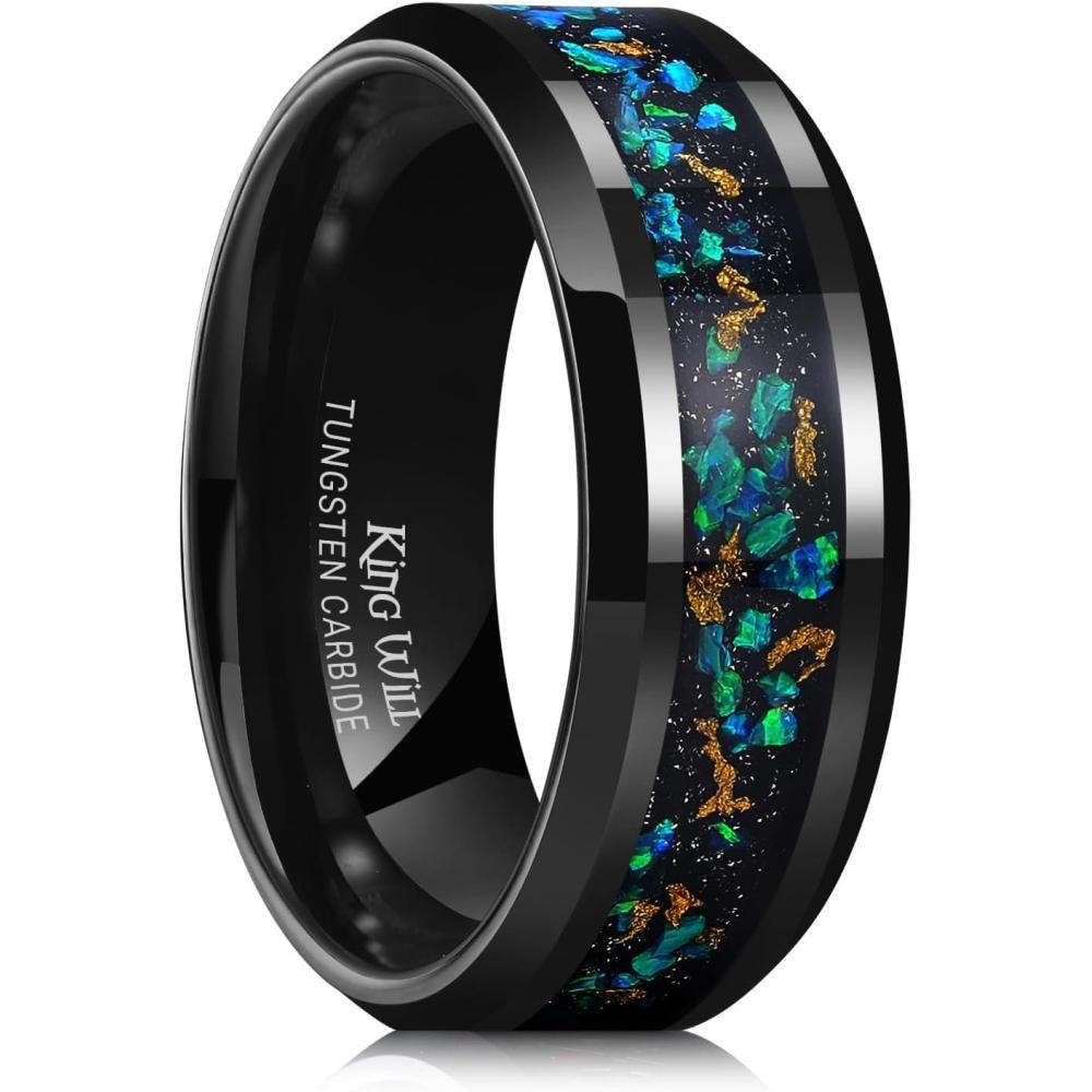 imageKing Will Mens Wedding Band with Foils Inlay BlackSilverGold Beveled Edge Glowstone Ring 6mm8mm Tungsten Carbide Rings Comfort FitBlackOpal8mm