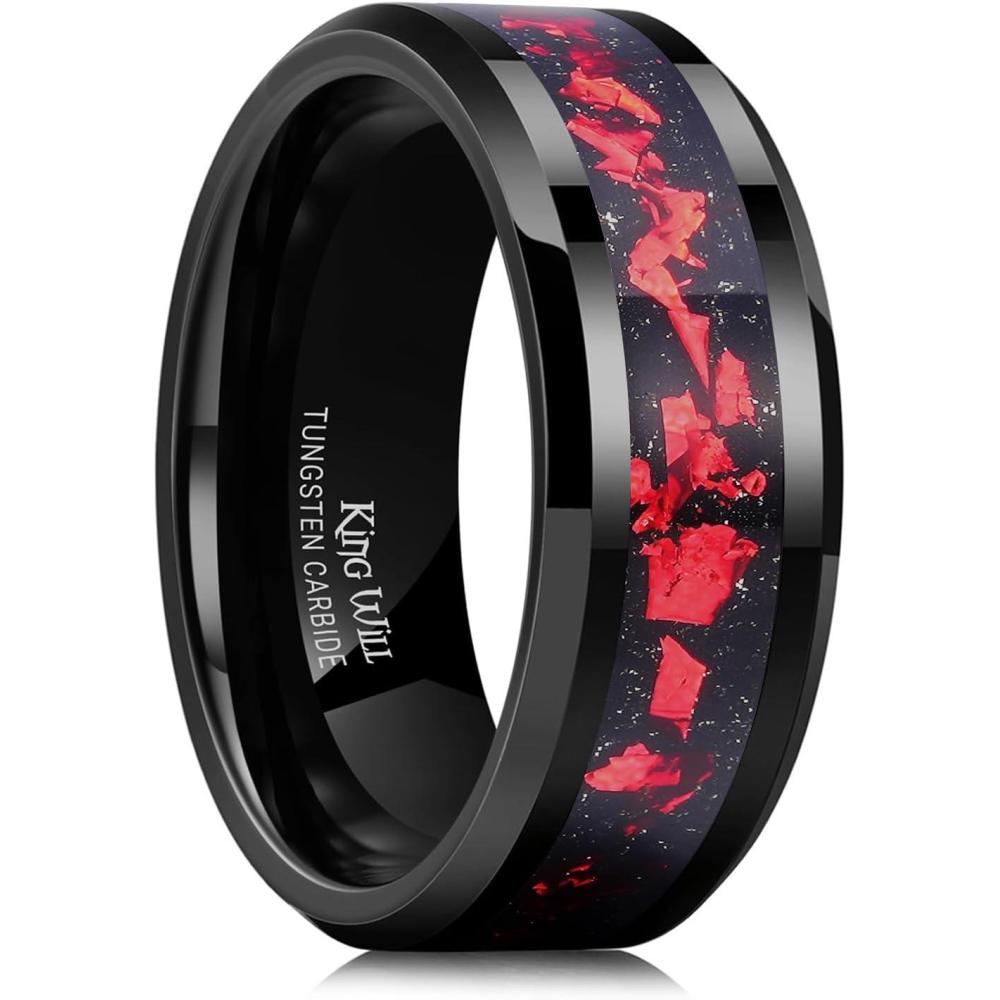 imageKing Will Mens Wedding Band with Foils Inlay BlackSilverGold Beveled Edge Glowstone Ring 6mm8mm Tungsten Carbide Rings Comfort FitBlackRed8mm