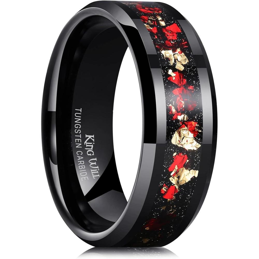 imageKing Will Mens Wedding Band with Foils Inlay BlackSilverGold Beveled Edge Glowstone Ring 6mm8mm Tungsten Carbide Rings Comfort FitBlackRedGold8mm