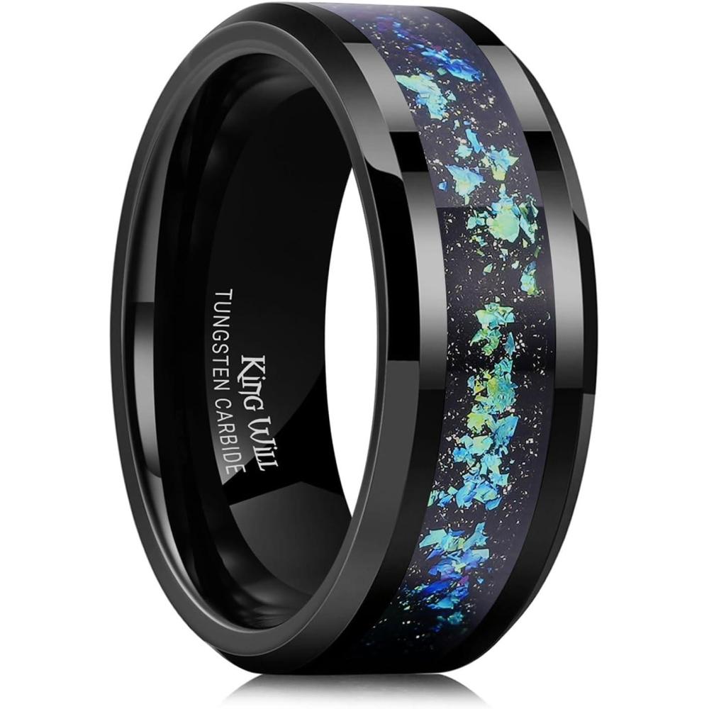 imageKing Will Mens Wedding Band with Foils Inlay BlackSilverGold Beveled Edge Glowstone Ring 6mm8mm Tungsten Carbide Rings Comfort FitBlackTeal8mm