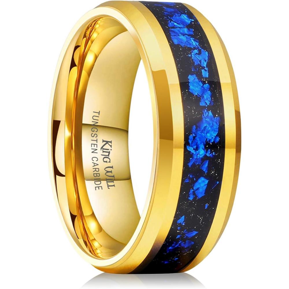 imageKing Will Mens Wedding Band with Foils Inlay BlackSilverGold Beveled Edge Glowstone Ring 6mm8mm Tungsten Carbide Rings Comfort FitGoldBlue8mm