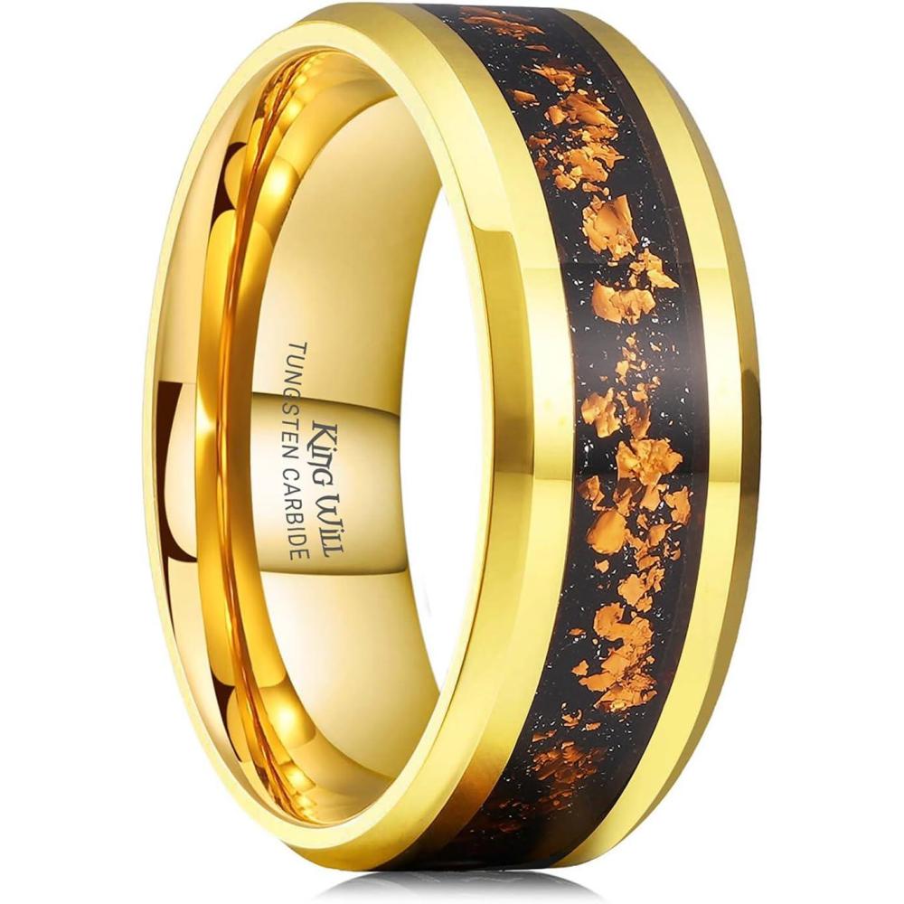 imageKing Will Mens Wedding Band with Foils Inlay BlackSilverGold Beveled Edge Glowstone Ring 6mm8mm Tungsten Carbide Rings Comfort FitGoldOrange8mm