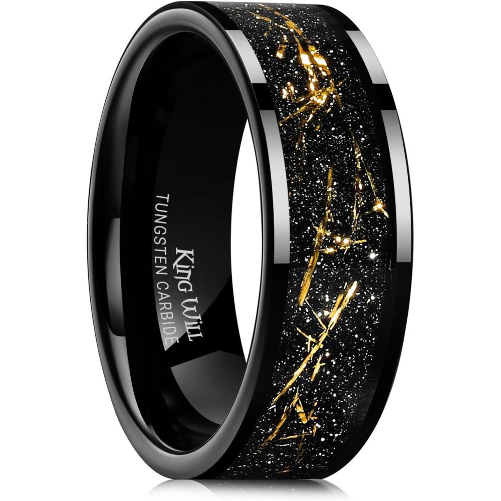 imageKing Will Mens Wedding Band with Foils Inlay BlackSilverGold Beveled Edge Glowstone Ring 6mm8mm Tungsten Carbide Rings Comfort FitPipe CutBlackGold8mm