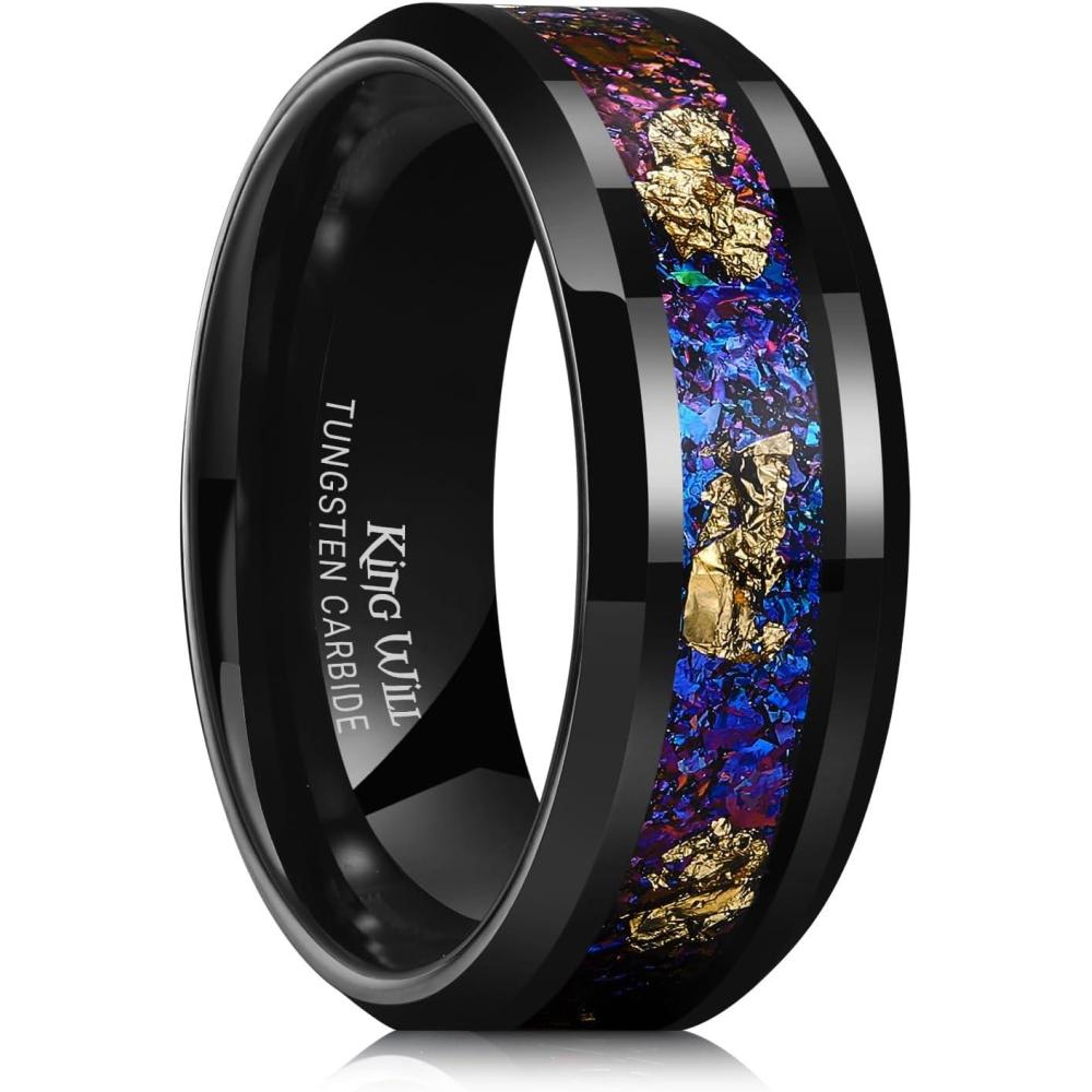 imageKing Will Mens Wedding Band with Foils Inlay BlackSilverGold Beveled Edge Glowstone Ring 6mm8mm Tungsten Carbide Rings Comfort FitPurpleGold