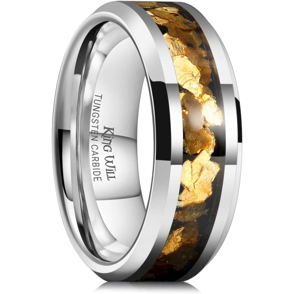 imageKing Will Mens Wedding Band with Foils Inlay BlackSilverGold Beveled Edge Glowstone Ring 6mm8mm Tungsten Carbide Rings Comfort FitSilverGold Stone8mm