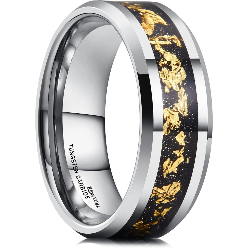imageKing Will Mens Wedding Band with Foils Inlay BlackSilverGold Beveled Edge Glowstone Ring 6mm8mm Tungsten Carbide Rings Comfort FitSilverGold8mm