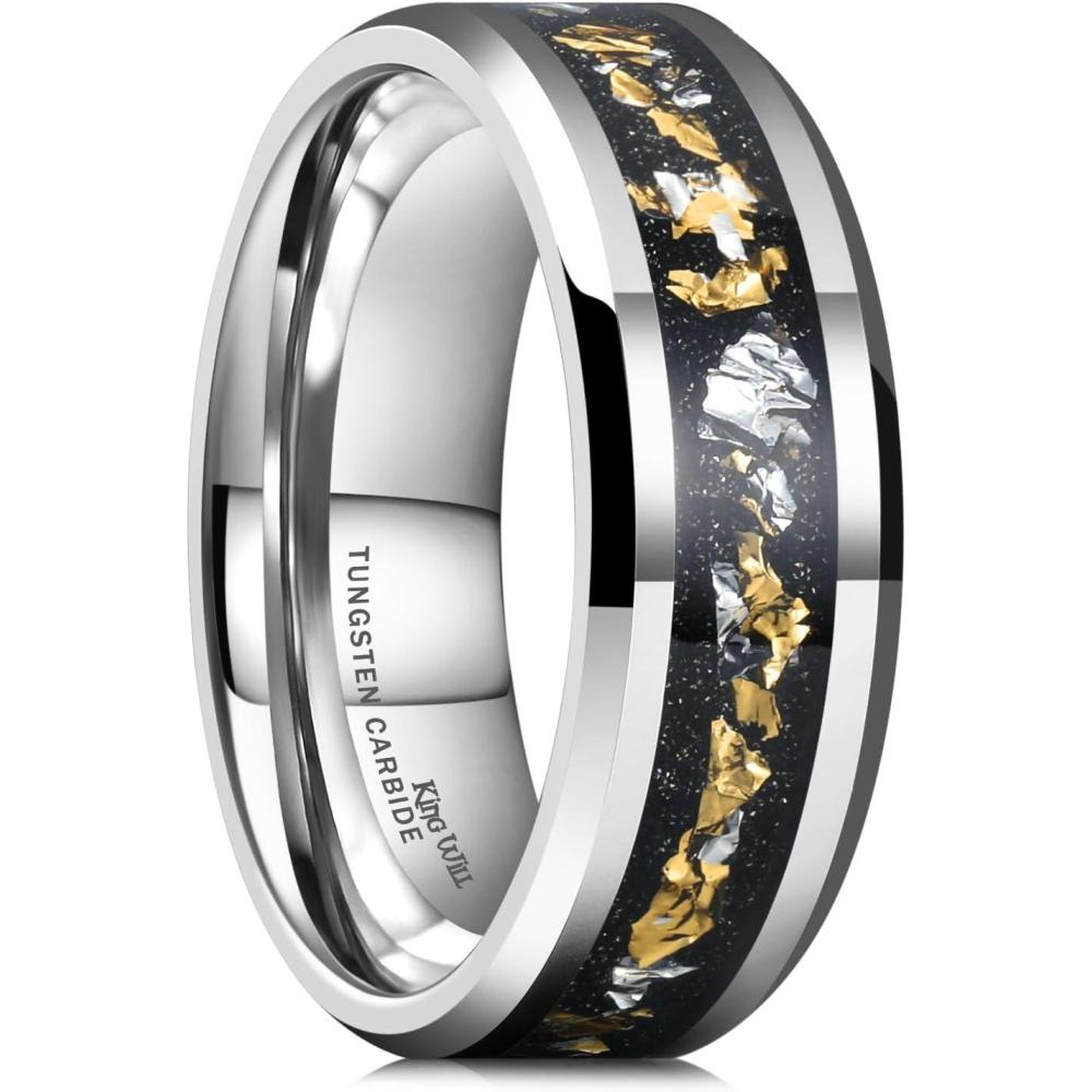 imageKing Will Mens Wedding Band with Foils Inlay BlackSilverGold Beveled Edge Glowstone Ring 6mm8mm Tungsten Carbide Rings Comfort FitSilverGoldSilver8mm