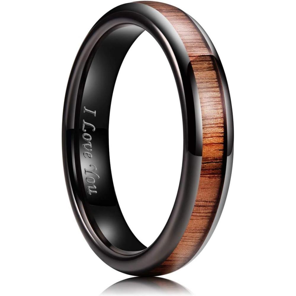 imageKing Will Nature 4mm6mm Domed Koa Wood Stainless Steel Ring Wedding Band Turquoise Granules Inlay High Polished Domed BlackSilverRose Gold Plated for Men Women4mm Black