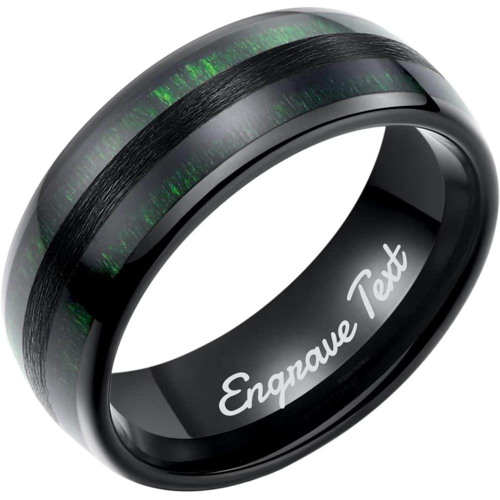 imageKing Will Nature 8mm Custom Mens Domed Green Wood Inlay Black Tungsten Carbide Ring Personalized Wedding BandGreen maple