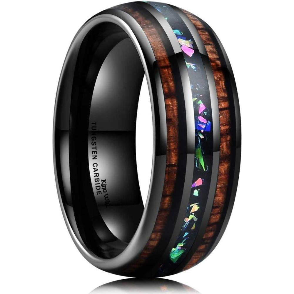 imageKing Will Nature 8mm Turquoise Tungsten Carbide Wedding Ring Abalone Shell Opal Inlaid Real Wood Engagement Band for MenColorful Fragments