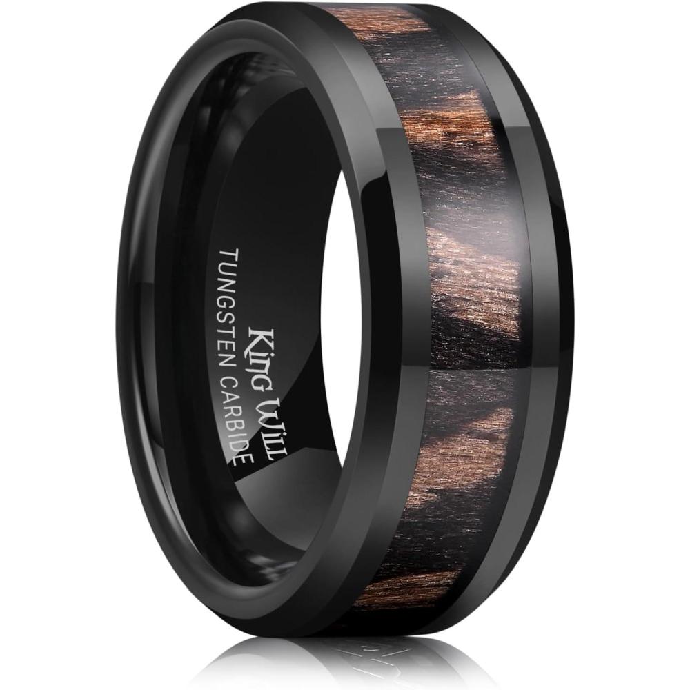 imageKing Will Nature Koa Wood Inlay Tungsten Carbide Wedding Ring 8mm SilverBlackGoldGreenRose GoldBlue Wedding Band for Men High Polished Anniversary Rings Comfort Fit Size 615Black  Dark Ebony wood Inlay