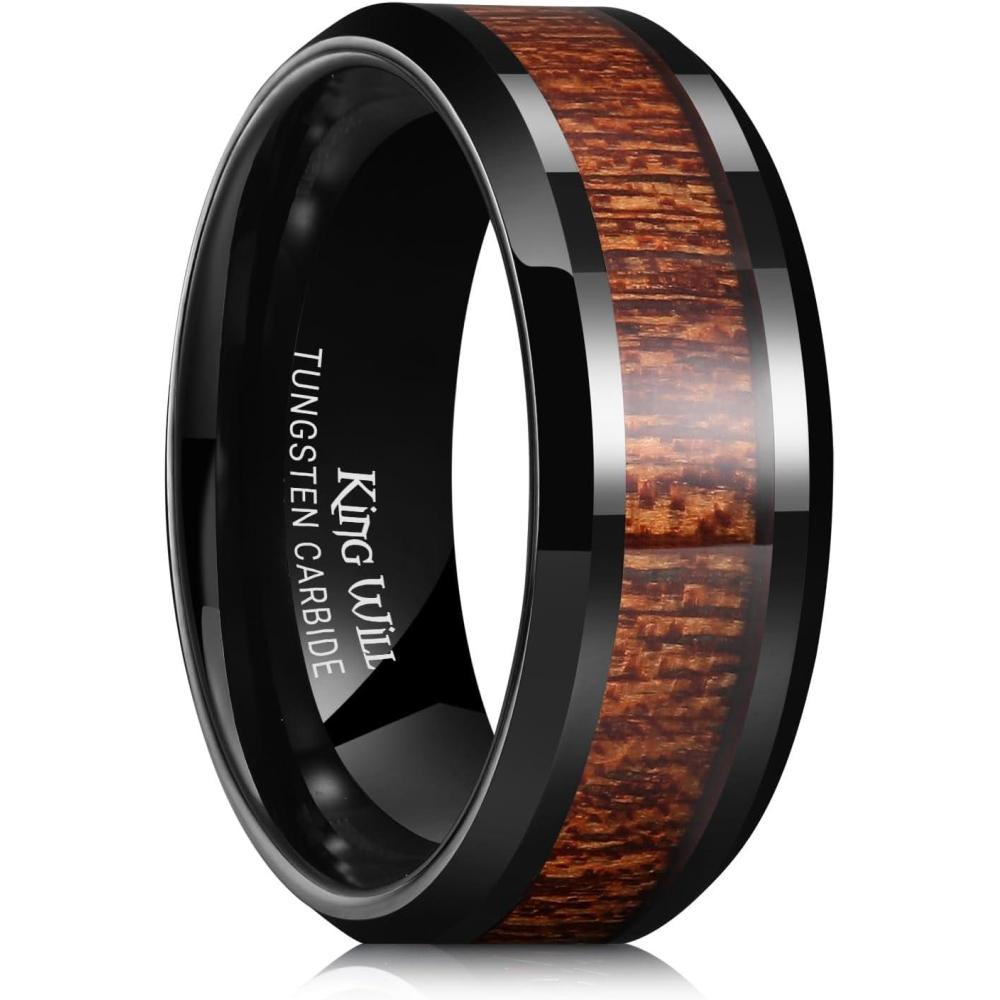 imageKing Will Nature Koa Wood Inlay Tungsten Carbide Wedding Ring 8mm SilverBlackGoldGreenRose GoldBlue Wedding Band for Men High Polished Anniversary Rings Comfort Fit Size 615Black