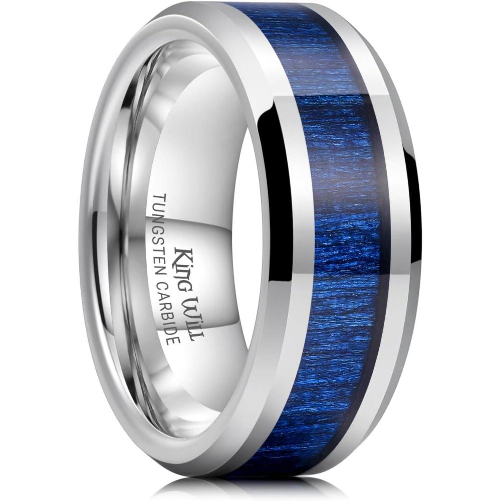 imageKing Will Nature Koa Wood Inlay Tungsten Carbide Wedding Ring 8mm SilverBlackGoldGreenRose GoldBlue Wedding Band for Men High Polished Anniversary Rings Comfort Fit Size 615Black Blue Maple Wood