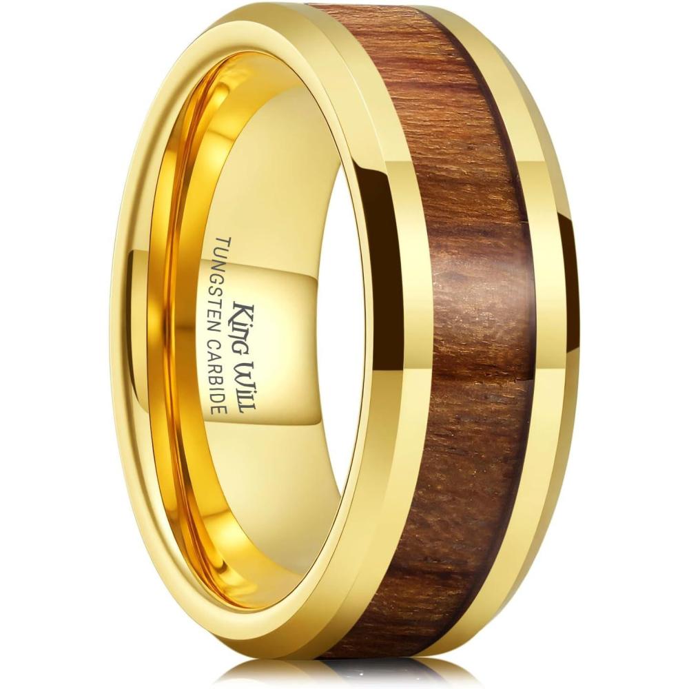 imageKing Will Nature Koa Wood Inlay Tungsten Carbide Wedding Ring 8mm SilverBlackGoldGreenRose GoldBlue Wedding Band for Men High Polished Anniversary Rings Comfort Fit Size 615Gold Rosewood Inlay