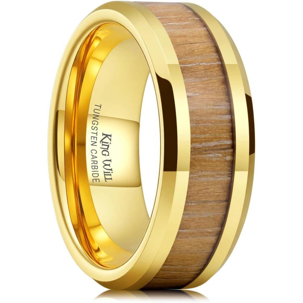 imageKing Will Nature Koa Wood Inlay Tungsten Carbide Wedding Ring 8mm SilverBlackGoldGreenRose GoldBlue Wedding Band for Men High Polished Anniversary Rings Comfort Fit Size 615Gold with Nature Wood
