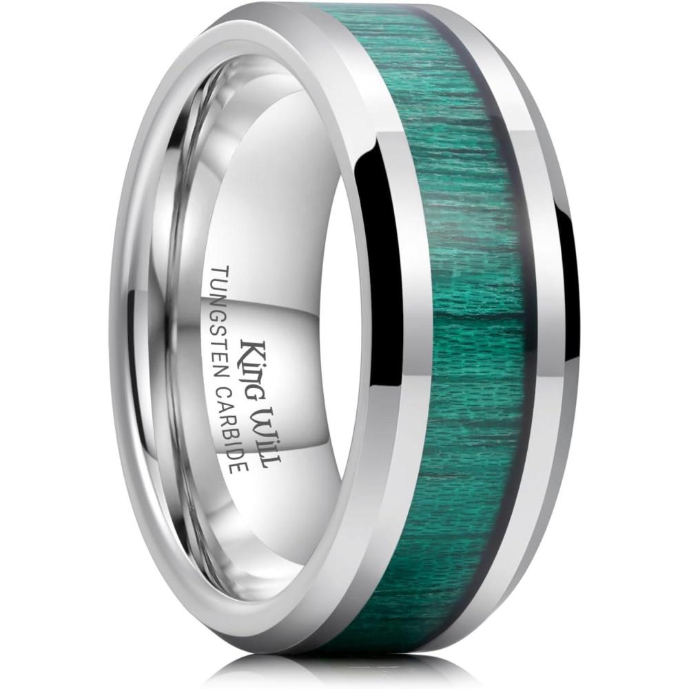 imageKing Will Nature Koa Wood Inlay Tungsten Carbide Wedding Ring 8mm SilverBlackGoldGreenRose GoldBlue Wedding Band for Men High Polished Anniversary Rings Comfort Fit Size 615Silver with Green Maple Wood