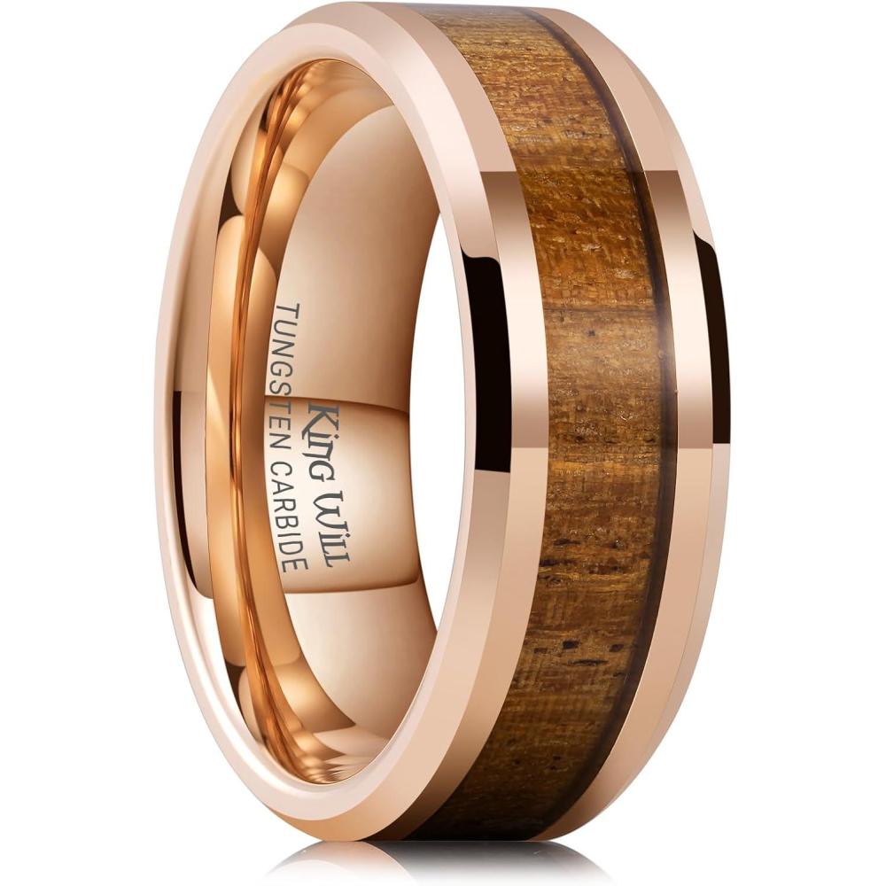 imageKing Will Nature Koa Wood Inlay Tungsten Carbide Wedding Ring 8mm SilverBlackGoldGreenRose GoldBlue Wedding Band for Men High Polished Anniversary Rings Comfort Fit Size 615Rose Gold
