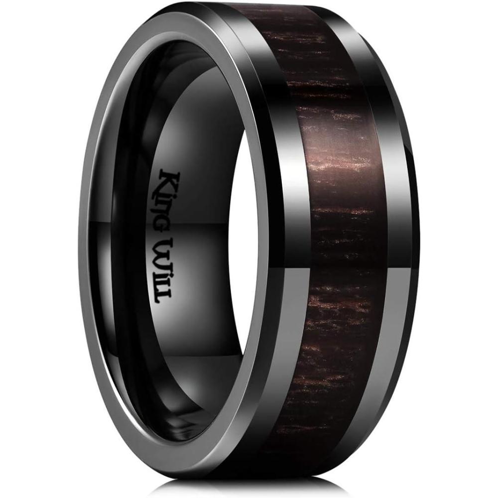 imageKing Will Nature Mens Wooden Wedding Band 78mm Black Mens Ceramic Wedding Ring with Polished Finish Brown Wood Inlay Comfort Fit Size 7148mm Brown Ebony Wood