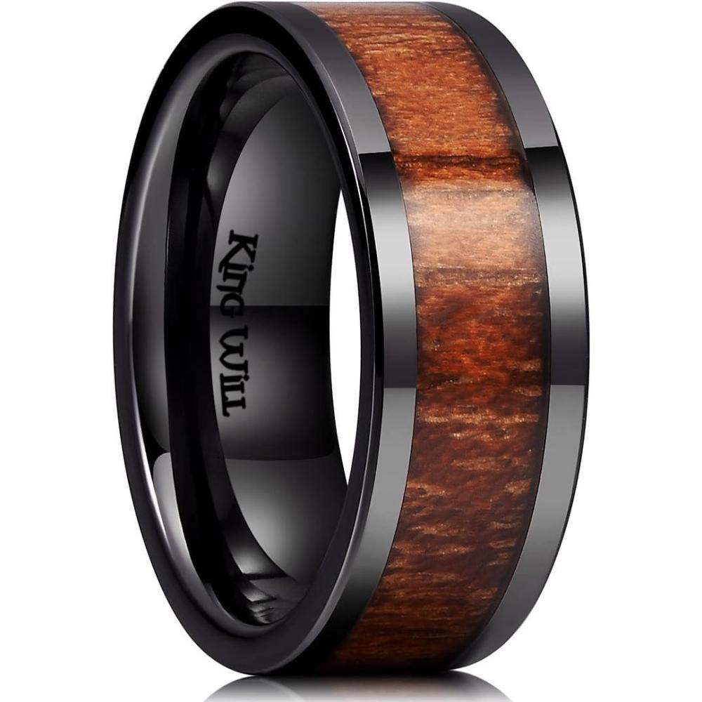 imageKing Will Nature Mens Wooden Wedding Band 78mm Black Mens Ceramic Wedding Ring with Polished Finish Brown Wood Inlay Comfort Fit Size 7148mm Brown Koa Wood