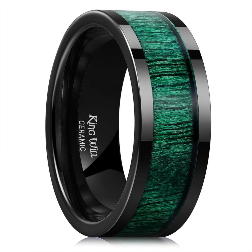 imageKing Will Nature Mens Wooden Wedding Band 78mm Black Mens Ceramic Wedding Ring with Polished Finish Brown Wood Inlay Comfort Fit Size 7148mmGreen Maple Wood