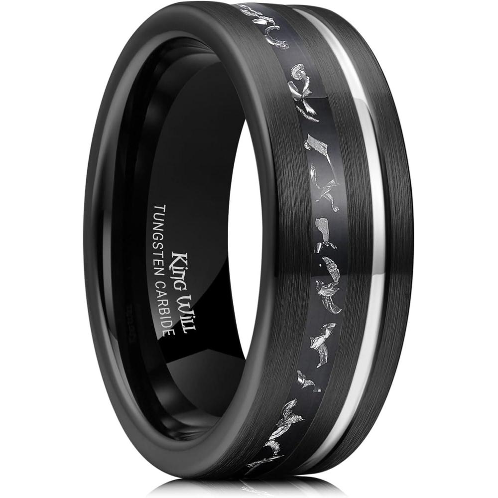 imageKing Will Nature Tungsten Carbide Wedding Band 7mm SilverBlack Tungsten Ring with Wood Inlay Comfort FitBlackMeteorite