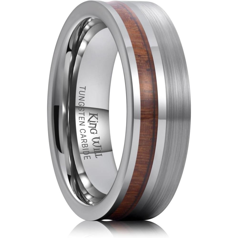 imageKing Will Nature Tungsten Carbide Wedding Band 7mm SilverBlack Tungsten Ring with Wood Inlay Comfort FitSilver