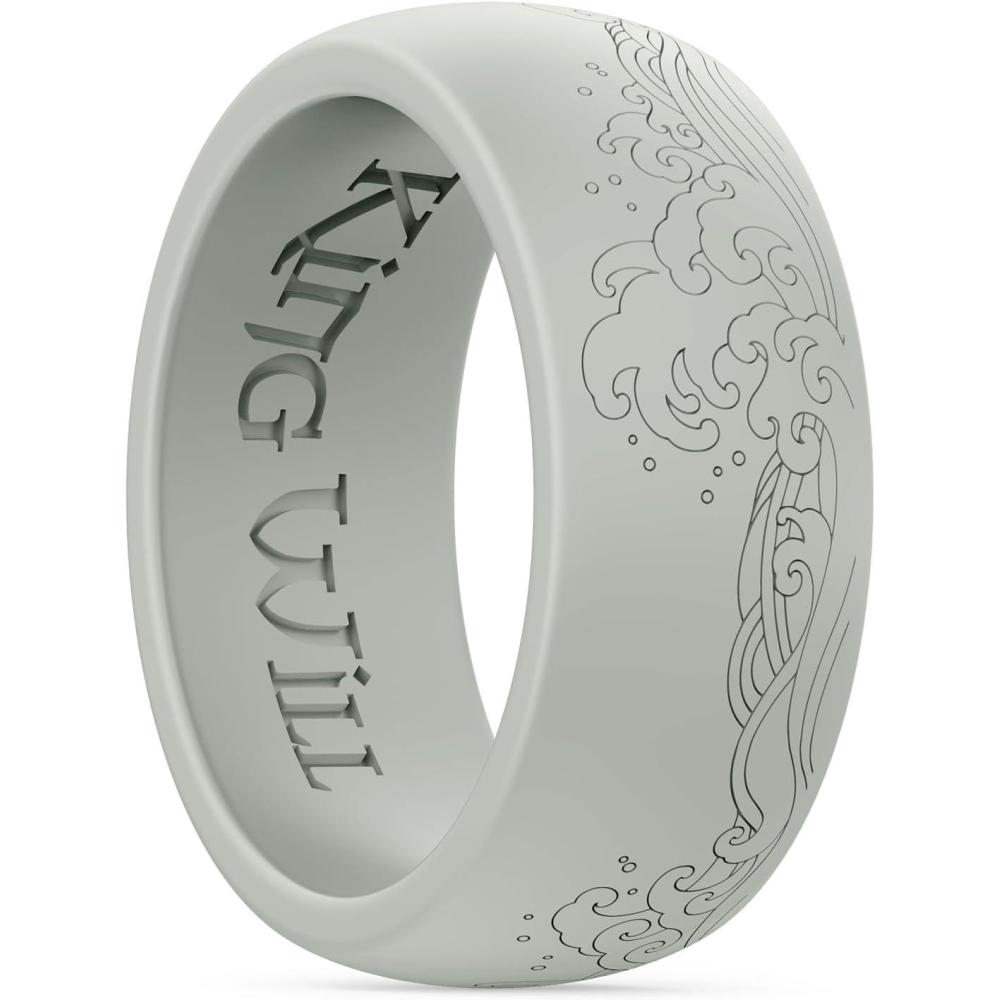 imageKing Will Silicone Mens Ring  Breathable Wedding Bands for Men 8mm Wide Rubber Engagement Band GeometryWaves with Design Comfort Fit Ring 146 Variety Multipack SilverDark BlueGrey Size 814Wave  Grey