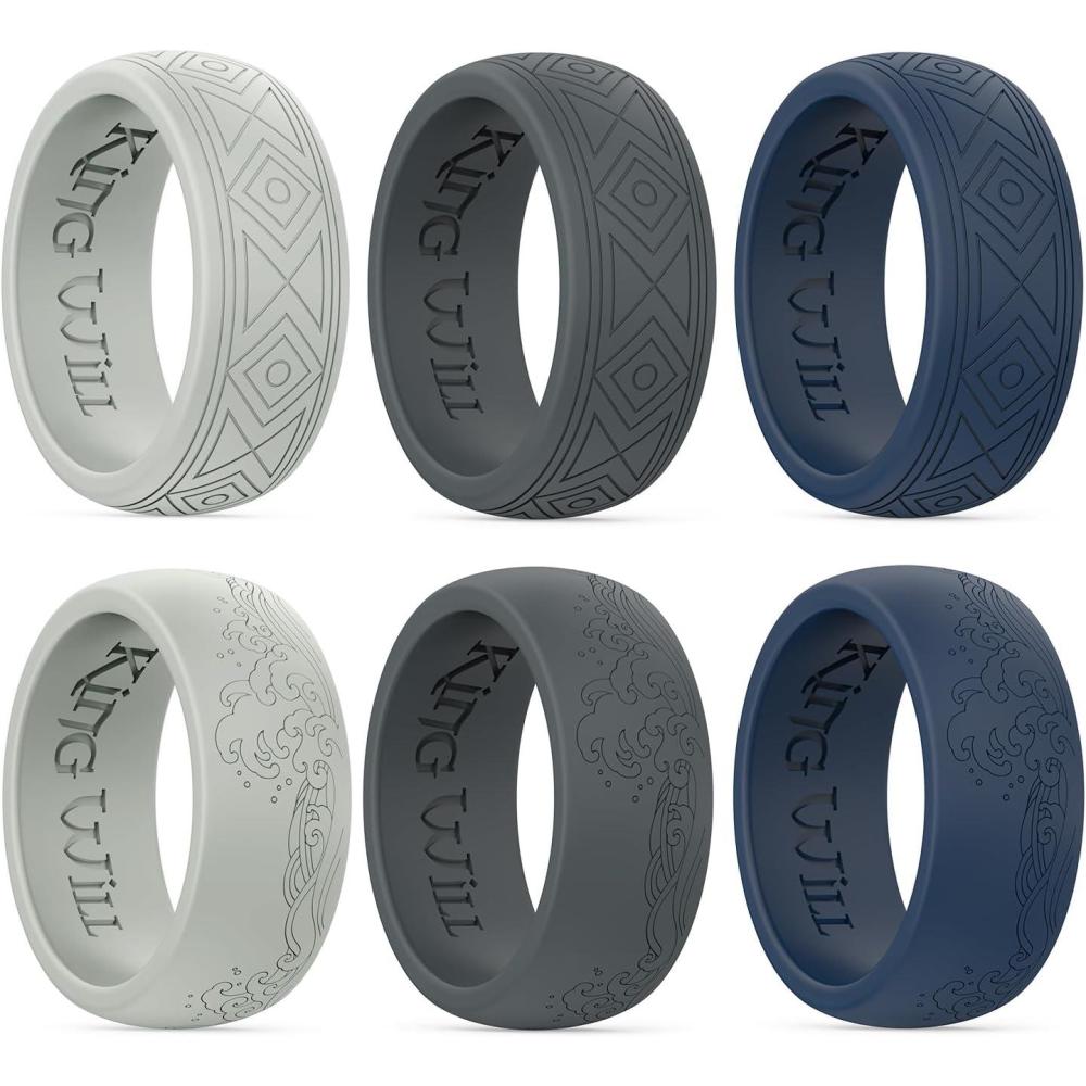 imageKing Will Silicone Mens Ring  Breathable Wedding Bands for Men 8mm Wide Rubber Engagement Band GeometryWaves with Design Comfort Fit Ring 146 Variety Multipack SilverDark BlueGrey Size 8146 in Pack WaveGrey  WaveDark Blue  WaveDark Grey  GeometryGrey  GeometryDark Blue  GeometryDark Grey
