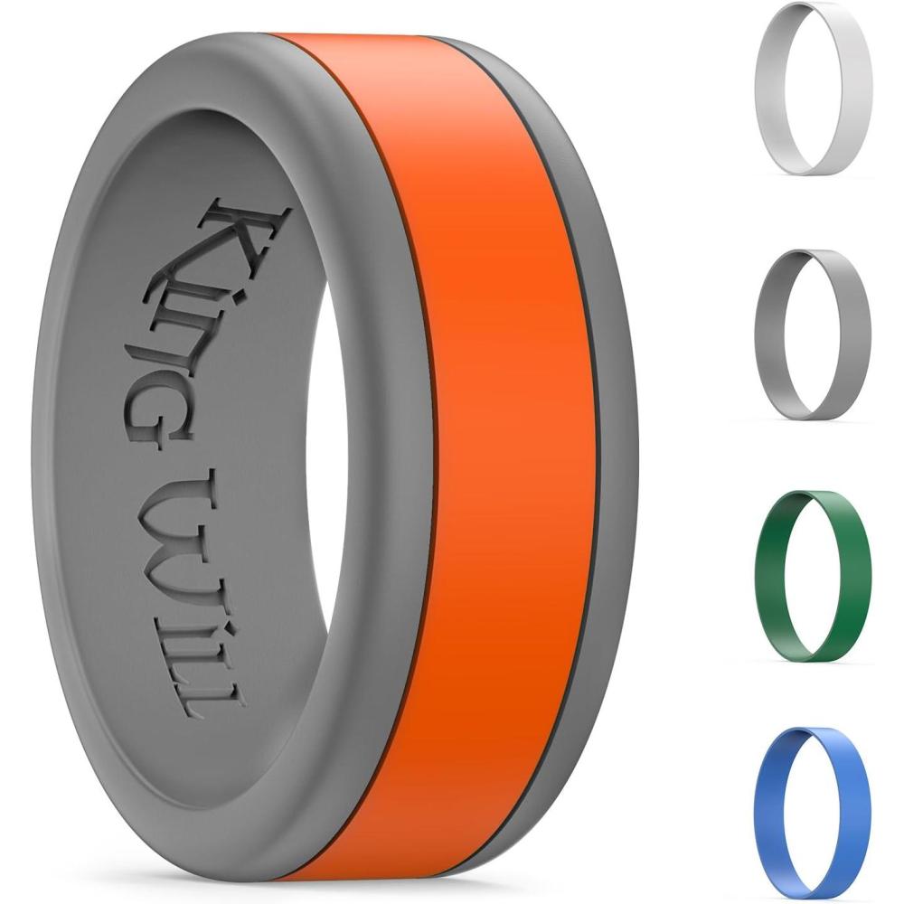 imageKing Will Silicone Ring for Men  Gray Mens Silicone Wedding Band with Gray Blue Green Orange Variety Colors Flexible Changeable Stripe Bands  8mm Wide Rubber Wedding Bands Engagement Ring1Grey Bacis5 Color Stripe Bands