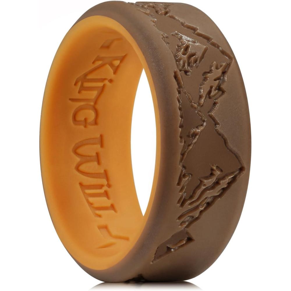 imageKing Will Silicone Rings For Men Brown ampamp Chestnut Yellow Rubber Wedding Bands with Unique Mountain Peak Design 8mm Wide 22mm Thick Comfort Fit Size 11
