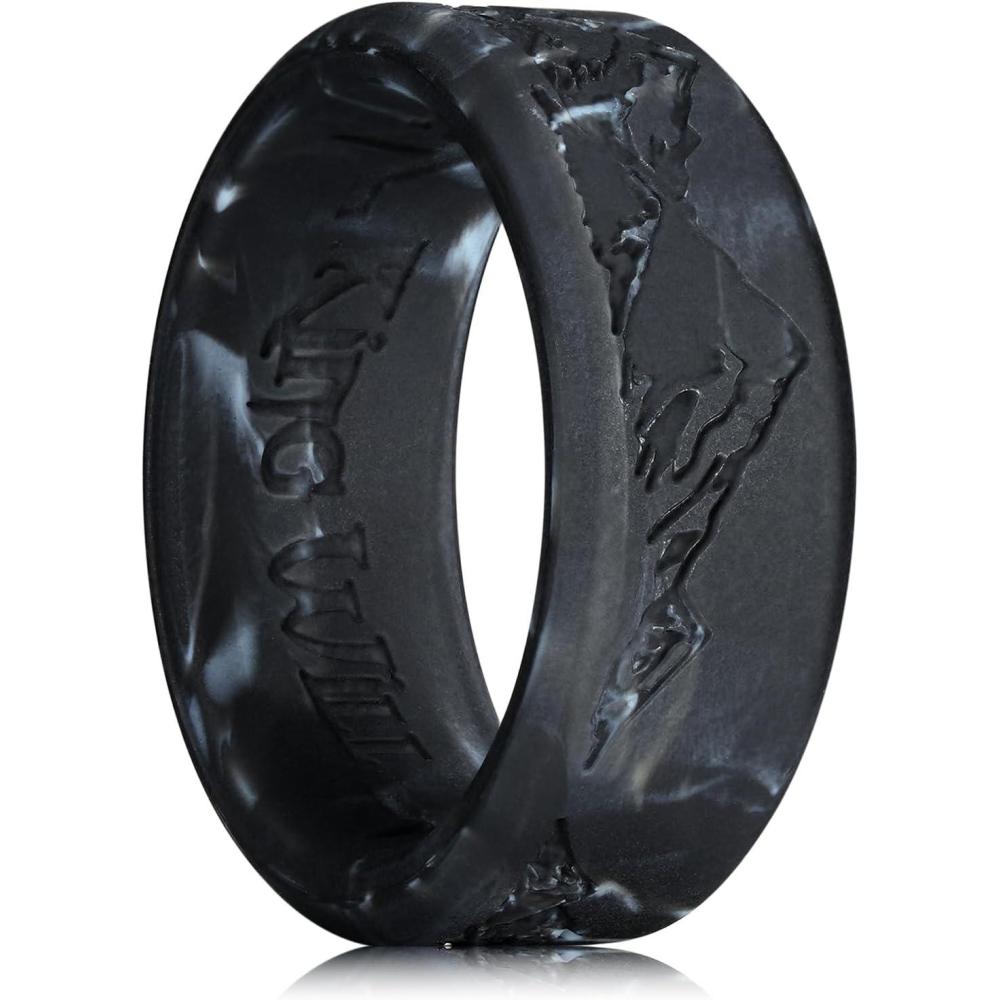 imageKing Will Silicone Rings For Men Rubber Wedding Bands with Unique Mountain Peak Design Multiple Colors 8mm Wide 22mm Thick Comfort Fit Size 713Black White Camouflage