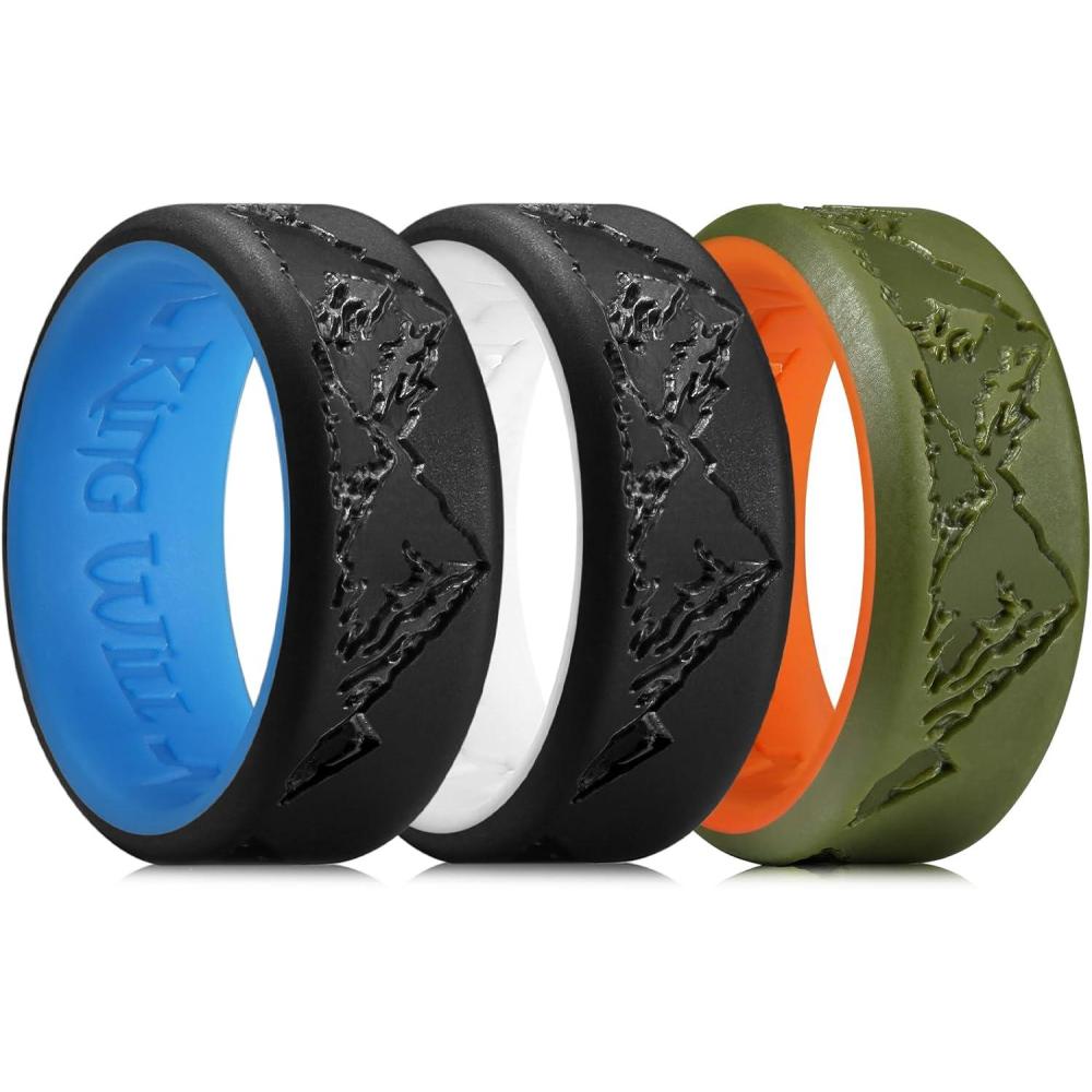 imageKing Will Silicone Rings For Men Rubber Wedding Bands with Unique Mountain Peak Design Multiple Colors 8mm Wide 22mm Thick Comfort Fit Size 713Black Blue Black White Olive Green Orange