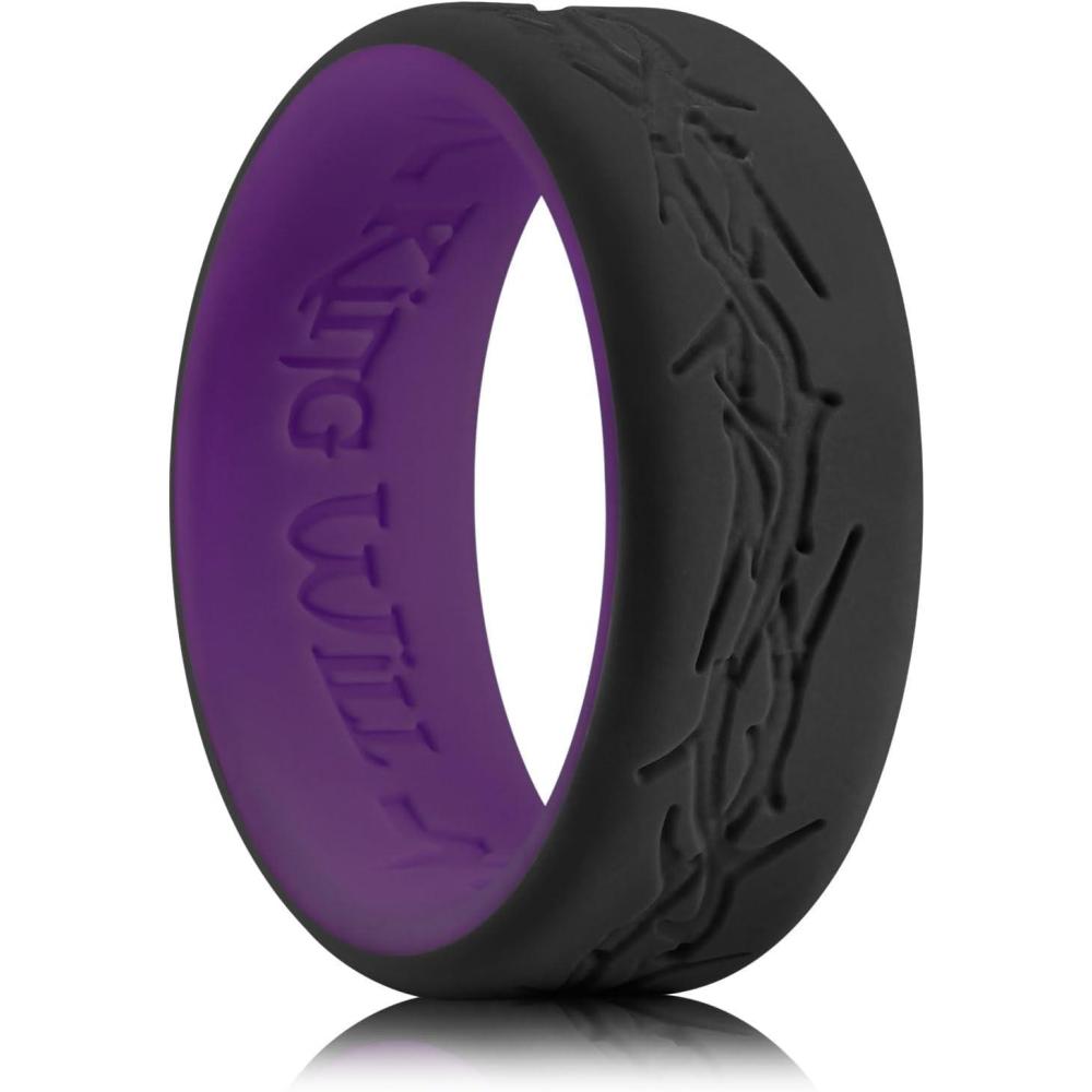 imageKing Will Silicone Rings For Men Rubber Wedding Bands with Unique Mountain Peak Design Multiple Colors 8mm Wide 22mm Thick Comfort Fit Size 713Black Purple Thorns