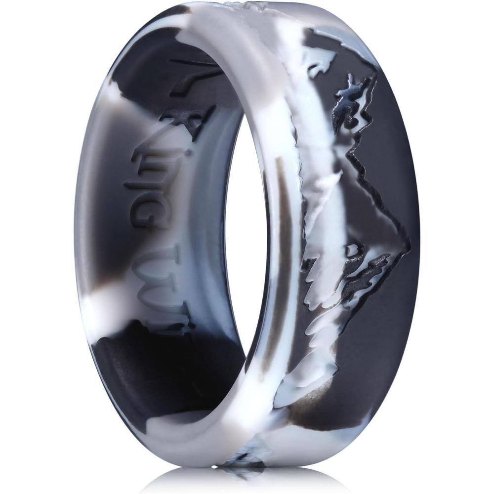 imageKing Will Silicone Rings For Men Rubber Wedding Bands with Unique Mountain Peak Design Multiple Colors 8mm Wide 22mm Thick Comfort Fit Size 713Black  Gray Camouflage