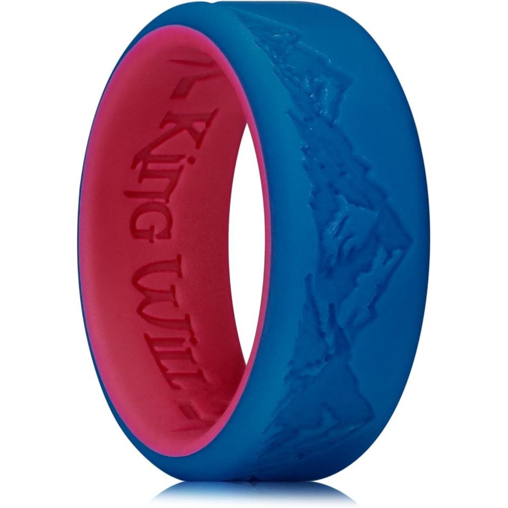 imageKing Will Silicone Rings For Men Rubber Wedding Bands with Unique Mountain Peak Design Multiple Colors 8mm Wide 22mm Thick Comfort Fit Size 713Blue Red