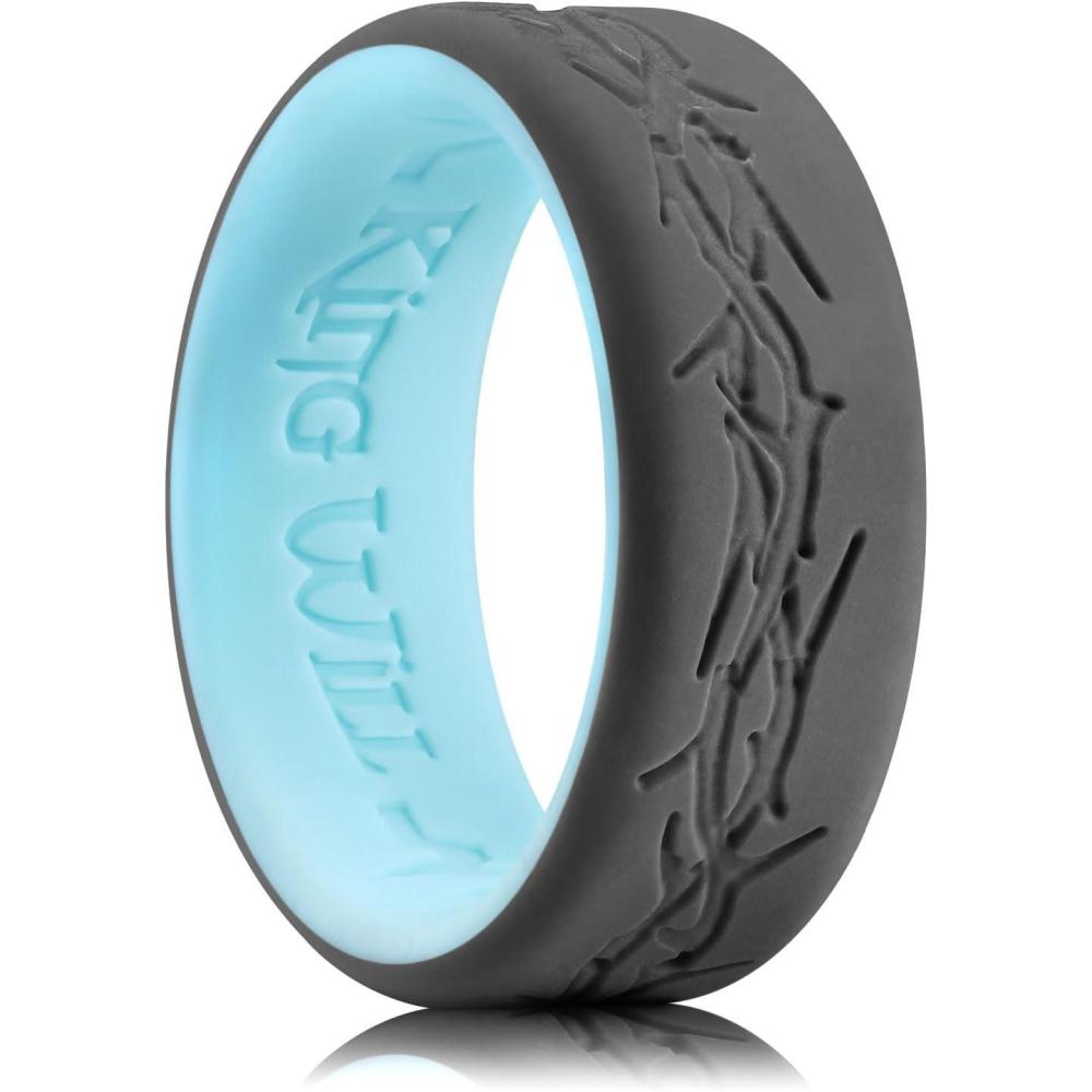 imageKing Will Silicone Rings For Men Rubber Wedding Bands with Unique Mountain Peak Design Multiple Colors 8mm Wide 22mm Thick Comfort Fit Size 713Dark grey Light blue Thorns