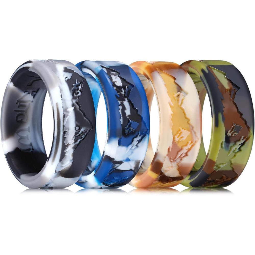 imageKing Will Silicone Rings For Men Rubber Wedding Bands with Unique Mountain Peak Design Multiple Colors 8mm Wide 22mm Thick Comfort Fit Size 713Green Yellow Blue Black Gray Camo