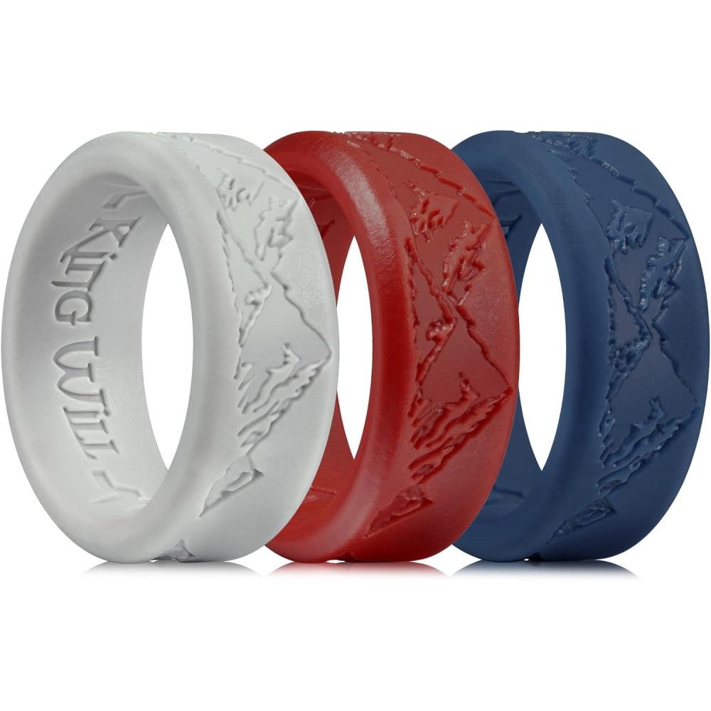 imageKing Will Silicone Rings For Men Rubber Wedding Bands with Unique Mountain Peak Design Multiple Colors 8mm Wide 22mm Thick Comfort Fit Size 713Light grey  Red  blue