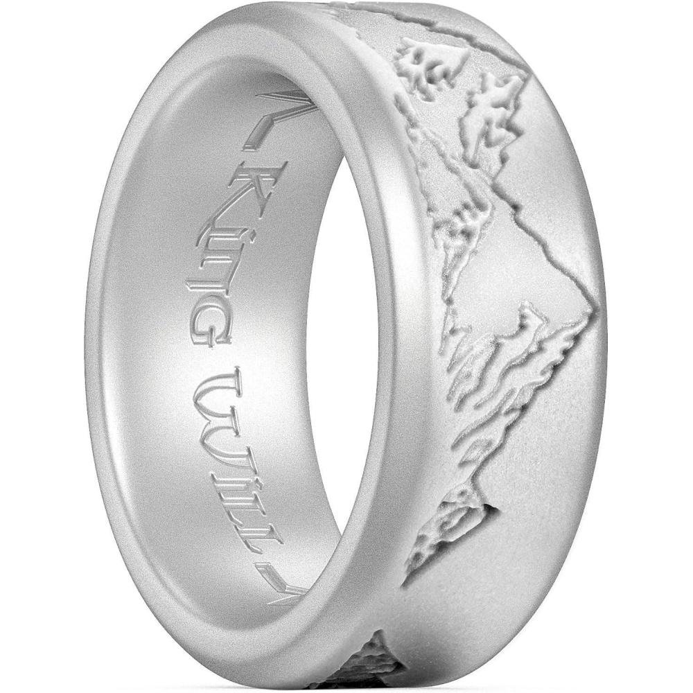 imageKing Will Silicone Rings For Men Rubber Wedding Bands with Unique Mountain Peak Design Multiple Colors 8mm Wide 22mm Thick Comfort Fit Size 713Metallic silver