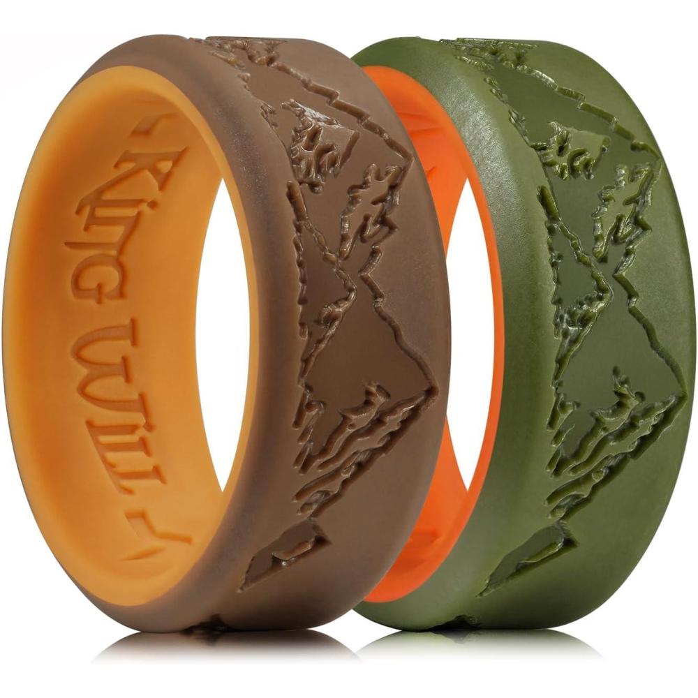 imageKing Will Silicone Rings For Men Rubber Wedding Bands with Unique Mountain Peak Design Multiple Colors 8mm Wide 22mm Thick Comfort Fit Size 713Olive GreenOrange BrownChestnut yellow