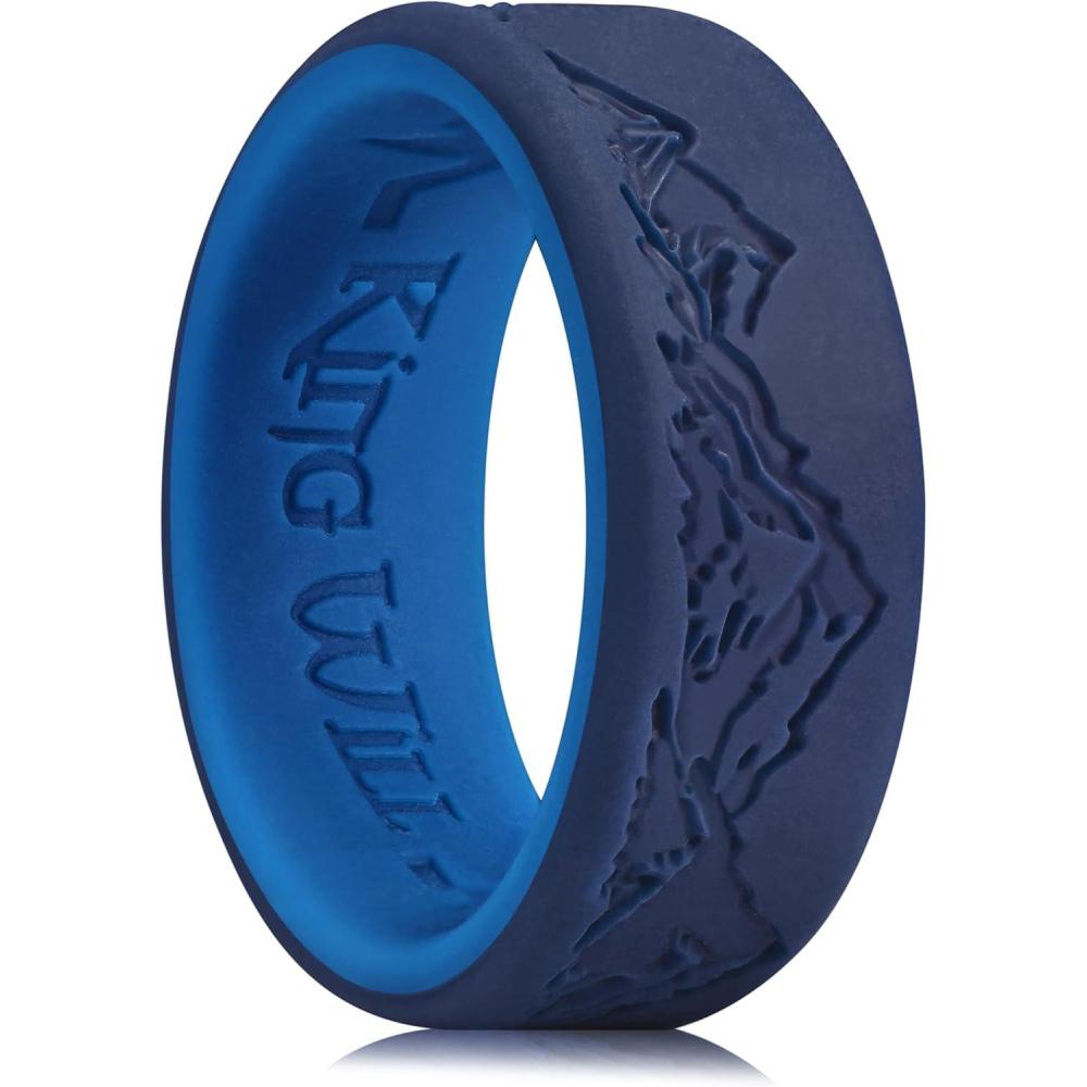 imageKing Will Silicone Rings For Men Rubber Wedding Bands with Unique Mountain Peak Design Multiple Colors 8mm Wide 22mm Thick Comfort Fit Size 713TwoTone Blue