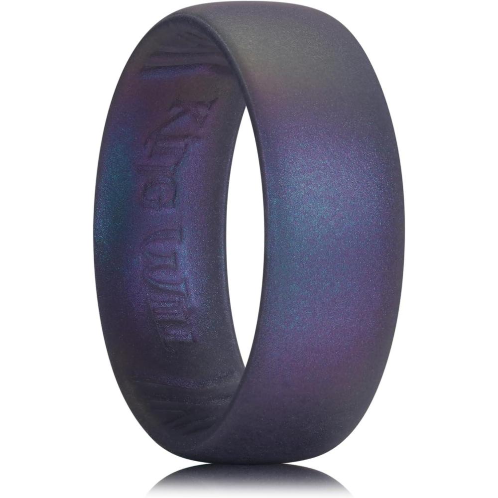 imageKing Will Silicone Wedding Band for Men Women 18mm Ultra Thin Ring 3 Packs in CamouflageUnique Pattern Comfort Grip Inner Design Hypoallergenic Rubber Ring for Gym Work Travel Size 713Green Purple