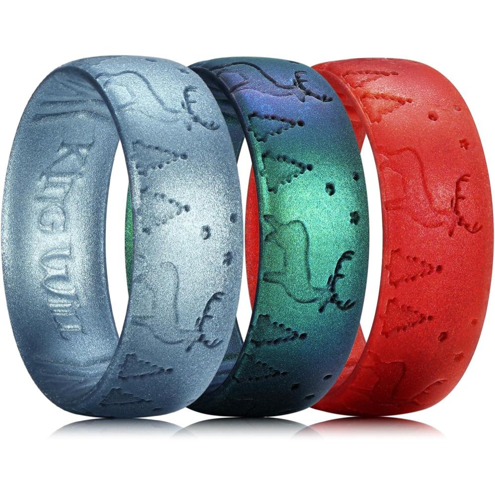 imageKing Will Silicone Wedding Band for Men Women 18mm Ultra Thin Ring 3 Packs in CamouflageUnique Pattern Comfort Grip Inner Design Hypoallergenic Rubber Ring for Gym Work Travel Size 713Deer3 Packs