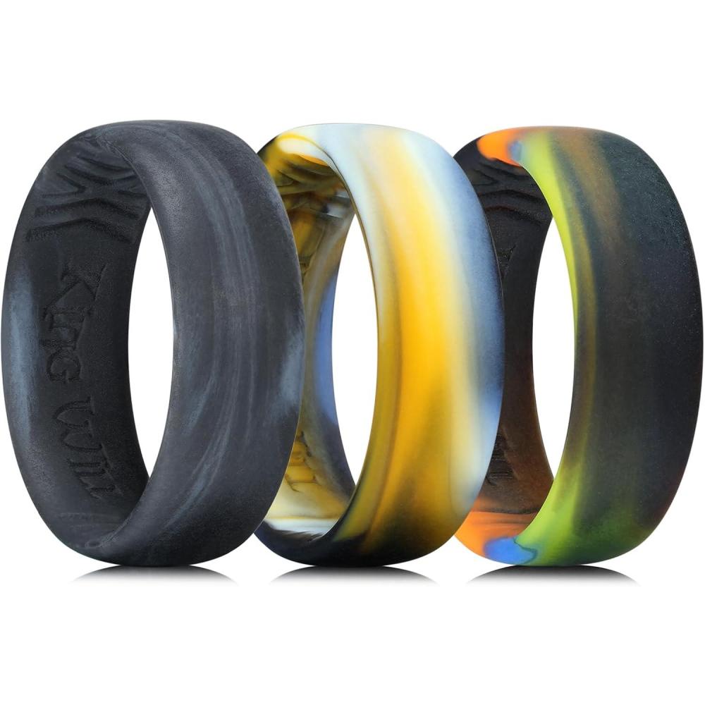 imageKing Will Silicone Wedding Band for Men Women 18mm Ultra Thin Ring 3 Packs in CamouflageUnique Pattern  Comfort Grip Inner Design  Hypoallergenic Rubber Ring for Gym Work Travel Size 713Camouflage