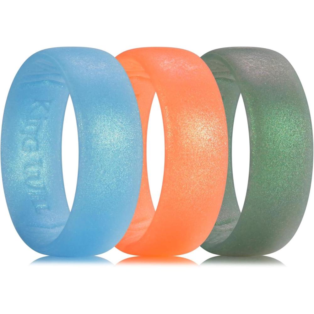 imageKing Will Silicone Wedding Band for Men Women 18mm Ultra Thin Ring 3 Packs in CamouflageUnique Pattern  Comfort Grip Inner Design  Hypoallergenic Rubber Ring for Gym Work Travel Size 713Green Blue Orange