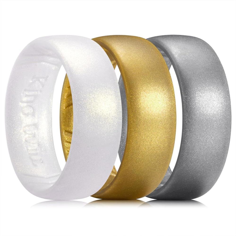 imageKing Will Silicone Wedding Band for Men Women 18mm Ultra Thin Ring with Metallic Shimmer  Comfort Grip Inner Design  Hypoallergenic Rubber Wedding Ring for Gym Work Travel Size 714GolgGrayWhite