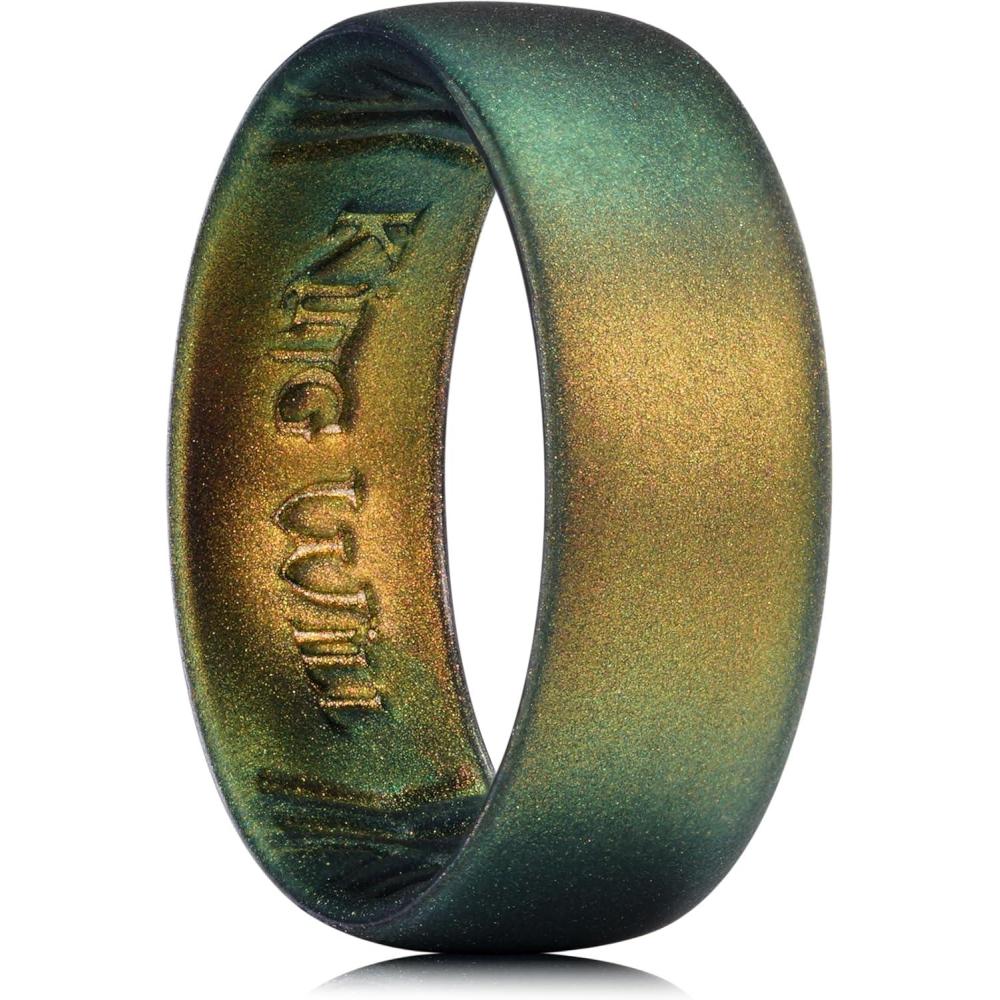 imageKing Will Silicone Wedding Band for Men Women 18mm Ultra Thin Ring with Metallic Shimmer  Comfort Grip Inner Design  Hypoallergenic Rubber Wedding Ring for Gym Work Travel Size 714Forest Green